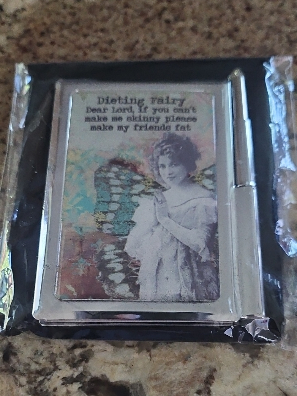 Dieting Fairy Compact Mirror with Pen - Silver and Multicolor Art